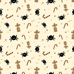 Seamless Halloween pattern with black spiders, gravestones, candy canes, and dots on beige background. Perfect for textile, wallpaper, wrapping paper, party decor, and holiday design.