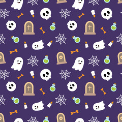 Seamless Halloween pattern with cute ghosts, skulls, candles, potion bottles, gravestones, and spider webs on purple background. Perfect for textile, wallpaper, wrapping, and holiday decor.