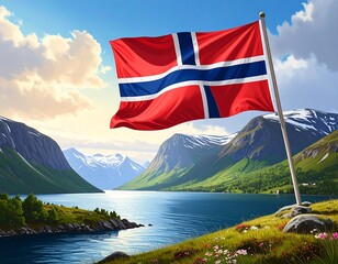 Norwegian flag waving over a serene fjord landscape