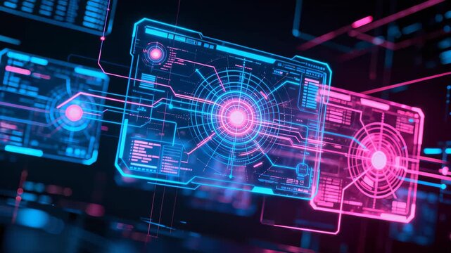 Immersive digital landscape with layered transparent screens showcasing complex network architecture, featuring glowing interconnected circuits in blue and pink hues against technological backdrop