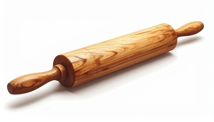 A realistic wooden rolling pin with smooth cylindrical surface and side handles isolated on white background
