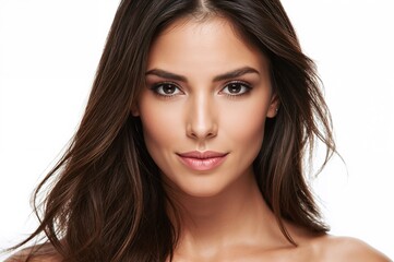 Obraz premium Brunette woman with long hair and natural makeup looking directly at the camera against a clean white backdrop capturing her facial features and expression.