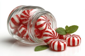 A jar filled with red and white peppermint candies spilling out