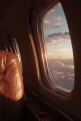 close-up of a luxurious private jet window, sleek leather and chrome interior.
