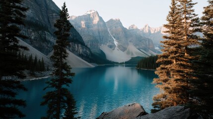 A serene mountain lake with turquoise water, surrounded by pine trees and rugged peaks under a clear sky