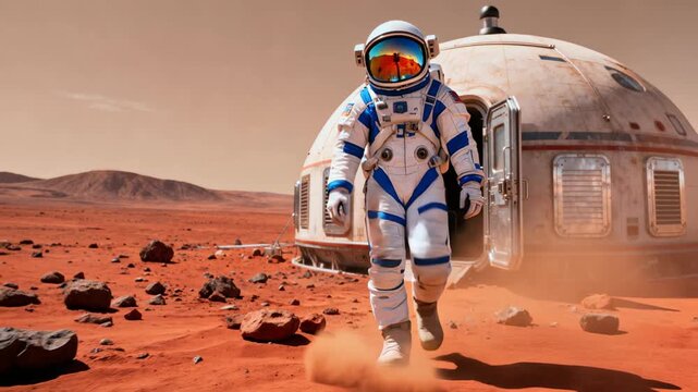 Lone explorer in protective gear carefully traverses rugged extraterrestrial terrain, capturing initial moments of groundbreaking planetary investigation