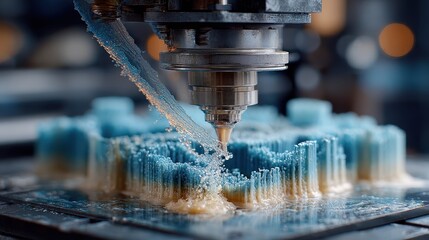 A 3D printer nozzle creating a blue and yellow object