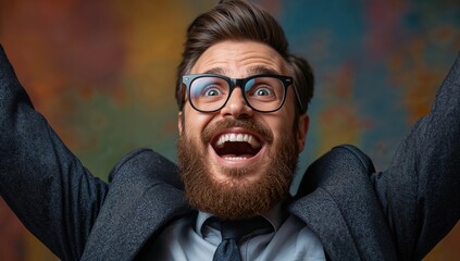 Obraz premium Overjoyed Man with Glasses and Beard Celebrating Success in Business Attire with Excited Expression Against Colorful Background