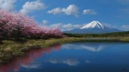 Snow-capped mountain with cherry blossoms reflected in a calm lake under a blue sky with scattered clouds