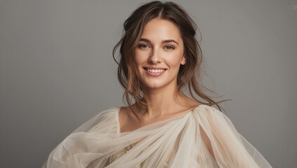 Young woman with long hair wearing a light-colored, flowy dress smiling against a soft gray background in a studio setting