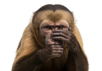 Obraz premium Close-up portrait of a capuchin monkey covering its mouth with its hands, conveying a sense of shyness or surprise.