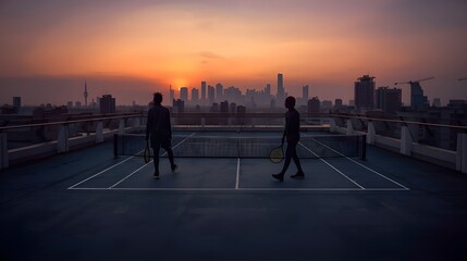 Silhouetted padel players on a rooftop court with an epic cityscape view at a stunning sunset
