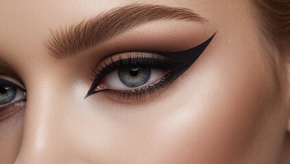 Obraz premium Close-up macro image of female eye featuring dramatic smoky eye makeup with winged eyeliner and long lashes highlighting intricate cosmetic techniques and artistry