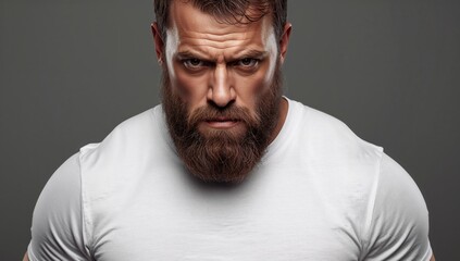 Obraz premium Bearded man in a fitted white t-shirt against a gray background with a serious expression, ideal for logo design and branding applications.