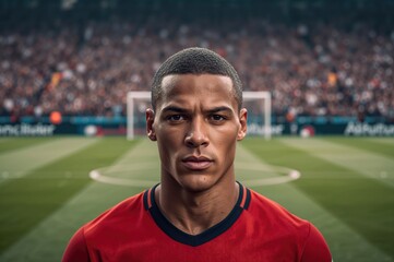 Male football player in red jersey with serious expression standing in front of blurred football field with goalposts and crowd in background during match day