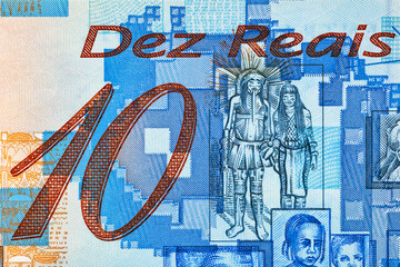 Obraz premium Brazilian 10 real 2000.Pedro Alvares Cabral, Portuguese navigator and explorer.Brazilian people on banknote.Bonistics.World money collection.