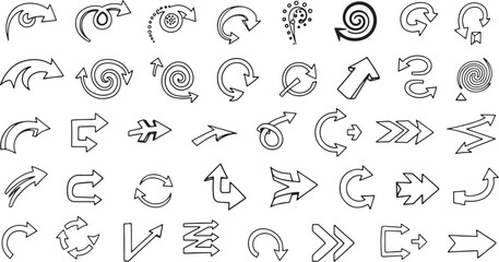Hand-Drawn Doodle Vector Set of Curved, Spiral, Circular, and Directional Arrows for Web Design Elements and Vector Elements Graphics.