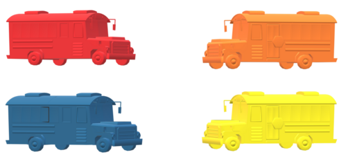 Colorful school buses in red orange blue and yellow against a creating a vibrant and playful transportation scene for kids