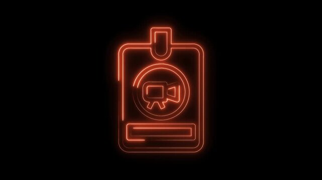 Neon outline of video camera icon on id badge against black background