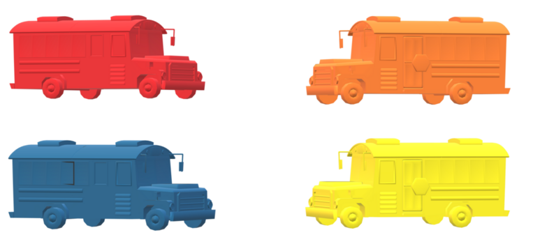 Colorful school buses in red orange blue and yellow against a creating a vibrant and playful transportation scene for kids