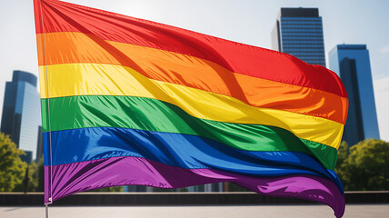 Vibrant rainbow flag dynamically waves above a contemporary cityscape, symbolizing a powerful message of diversity, pride, and global acceptance