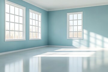 Fototapeta premium Empty room with light blue walls, white trim, three windows, and sunlit glossy floor