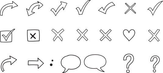 Hand-Drawn Doodle Vector Set of Arrows, Checkmarks, X-Marks, Hearts, Chat Bubbles, and Question Marks for Design Elements and Vector Elements Graphics.