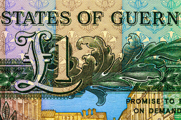 Guernsey 1 Pound 1991 Banknotes. Daniel De Lisle Brock, Channel Island bailiff.Seal of The States of Guernsey; The Market (French Halles).Bonistics.Fragment banknote for design purpose.