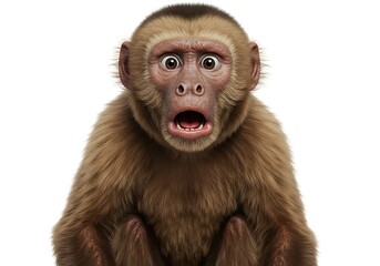 Obraz premium A young monkey with brown fur stares wide-eyed at the viewer, mouth agape in a state of shock or surprise, isolated on a white background.