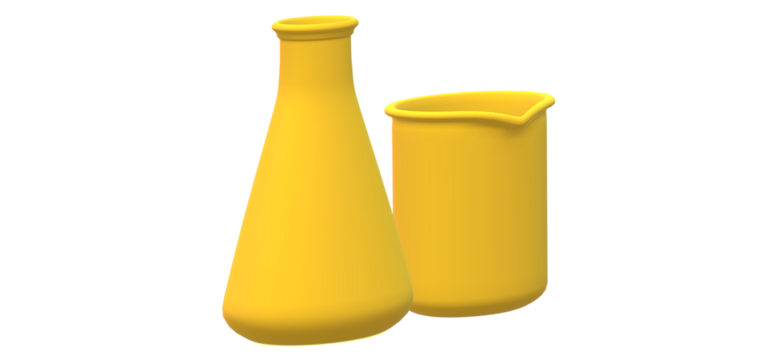 Two yellow laboratory beakers and flasks used for scientific experiments and research in a chemistry or biology lab setting