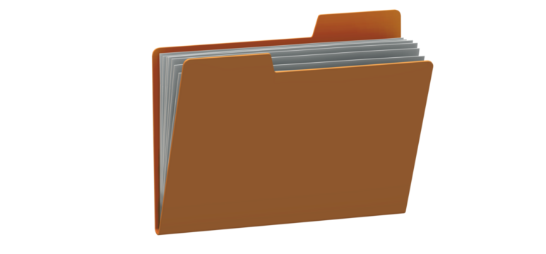 Orange file folder containing documents or papers for organizing information and data in a business or office setting for storage and retrieval purposes