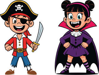 Happy kids in Halloween costumes, pirate boy with sword, vampire girl with fangs, cartoon characters, spooky holiday, festive fun celebration