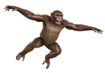 A digitally rendered primate, mid-leap, with arms outstretched, displaying a surprised expression.