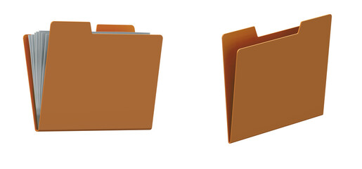 Two brown file folders one open with documents and the other closed are for office organization and...
