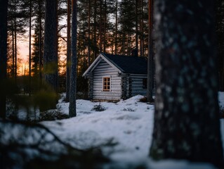 A cozy wooden cabin stands among snow-covered trees at sunset, creating a tranquil winter forest scene