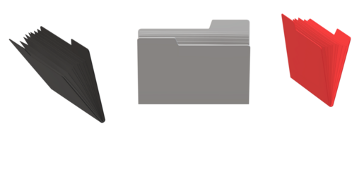 Three folders in black gray and red represent data organization and file management for business and personal use in a digital environment