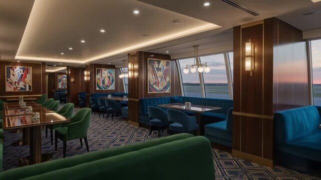 Elegant dining room on a cruise ship with tables, chairs, and artwork.