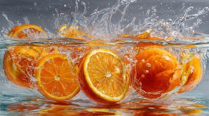 Vibrant Oranges Splashing into Water: Dynamic Visual for Beverage Ads, Food Blogs, and Freshness-themed Designs