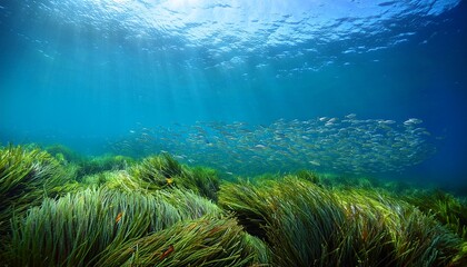 posidonia oceanica seagrass with a school of fish underwater in the mediterranean sea catalonia llafranc costa brava spain