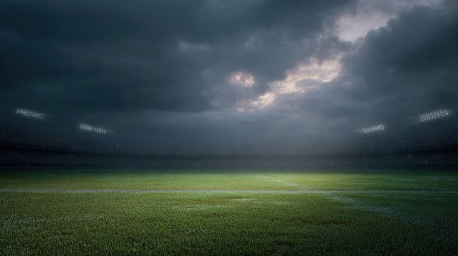 An empty stadium field under dramatic, cloudy skies with stadium lights illuminating the green grass