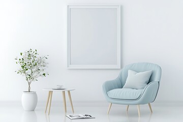 Fototapeta premium Minimalist interior with light blue armchair, blank frame, potted flowering plant and small table