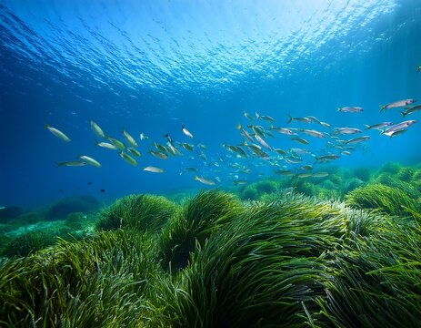 seagrass posidonia oceanica with a shoal of fish sarpa salpa underwater in the mediterranean sea natural scene corsica france