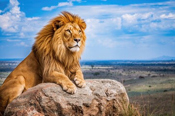Obraz premium Male lion with a majestic mane resting on a rock while surveying the expansive grassland and bright blue sky, showcasing its powerful presence in the natural habitat.