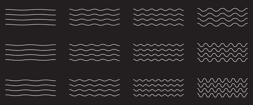 Vector zigzag lines and waves, wavy pattern. Squiggle zig zag frame with wiggle. Curvy undulate parallel borders. Curve sinuous stroke with sine. Design of squiggly seamless water graphic brushes.