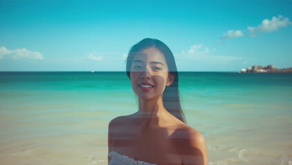 Girl standing at the beach smiling with an ocean backdrop reflecting sunlight and blue skies, capturing a moment of joy in a seaside environment.