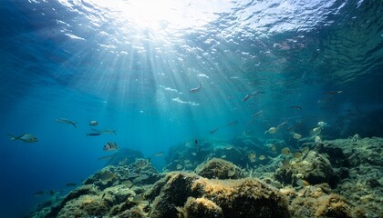 sunlight underwater with bubbles rising to water surface and some fish in background mediterranean sea france