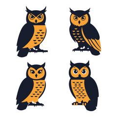Four stylized owl characters set decorative elements nature wildlife avian wildlife art graphics silhouette