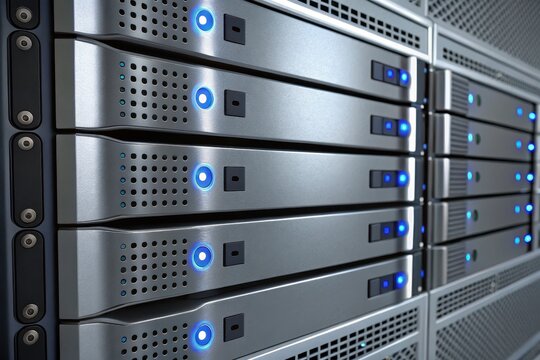 Close up of server rack with metallic finish and blue lights - Powered by Adobe
