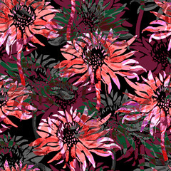 Vibrant dark floral seamless pattern with close-up pink chrysanthemum flowers. Perfect for wallpaper, bedding, textile, apparel fabric, poster, package.