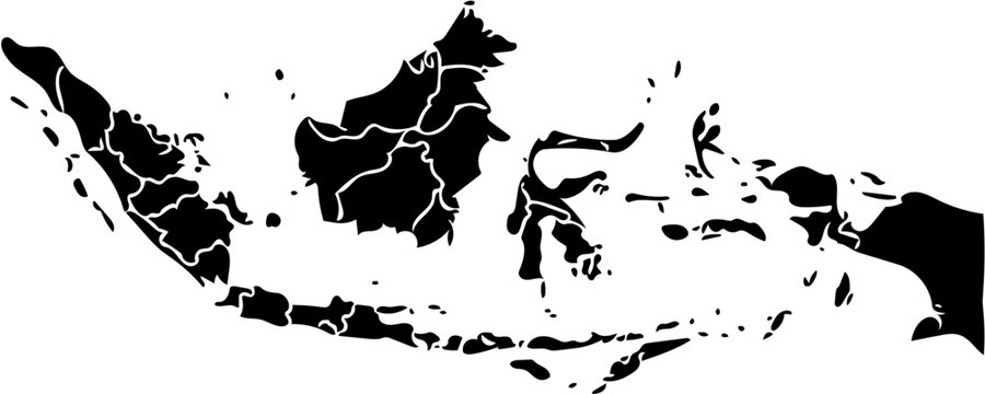 Black and White Silhouette Map of Indonesia, Outlining the Archipelago Nation's Islands